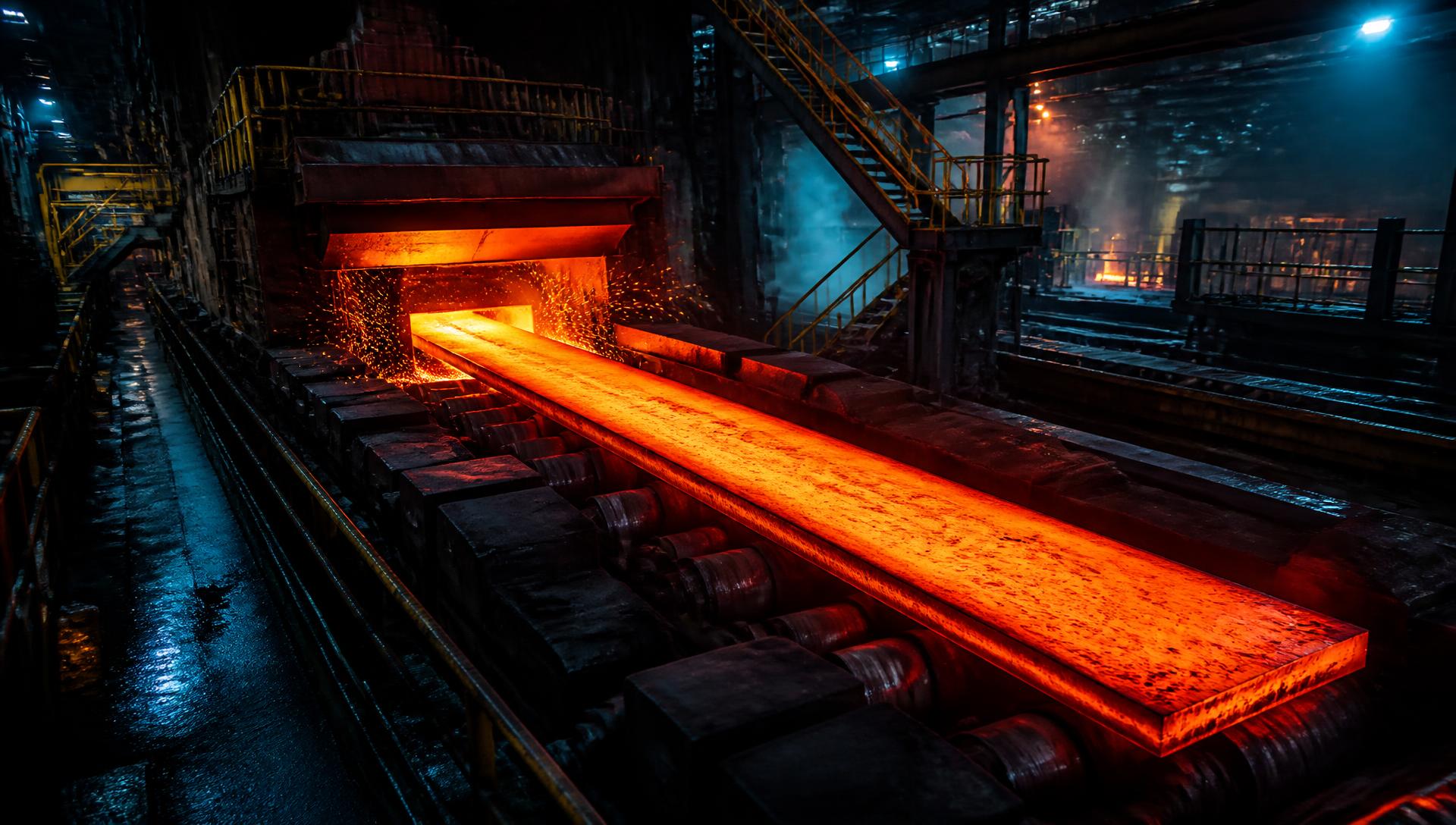 Glowing steel slab running through a hot rolling mill